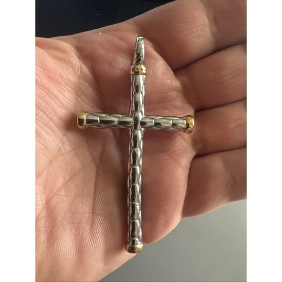 Vintage Jewelry Silver Gold Religious Cross Pendant 2.5 Inch Stainless Steel - Picture 4 of 6